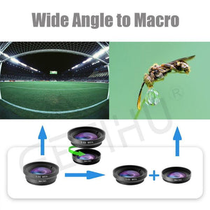 3 In1 + Clip Universal Smartphone Camera Lens, Fisheye, Wide Angle, Macro.